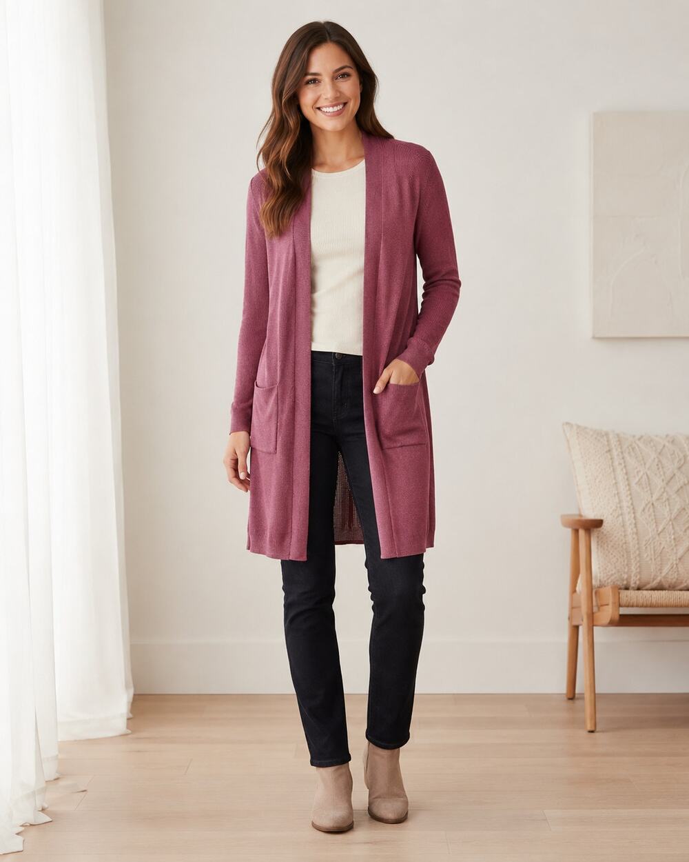 J Jill Pink Knit Duster Cardigan Sweater Womens S Classic Preppy Fall Pockets